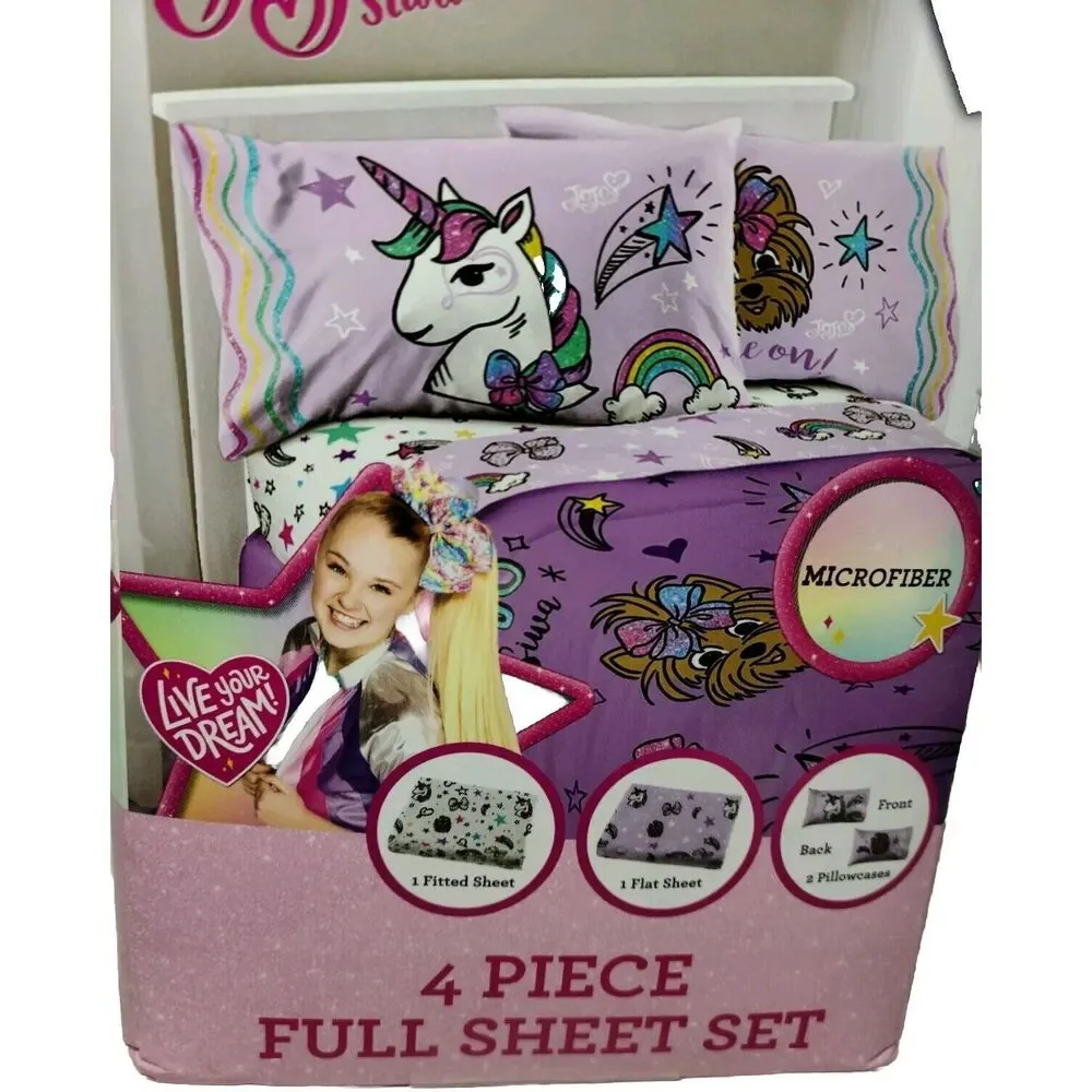 JoJo Siwa Cob Unicorn BowBow Dog 4 Piece Microfiber Full Sheet Set Nickelodeon